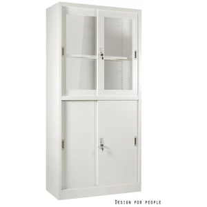 Dulap 2 sectiuni, partea superioara cu geam, usi glisante, alb